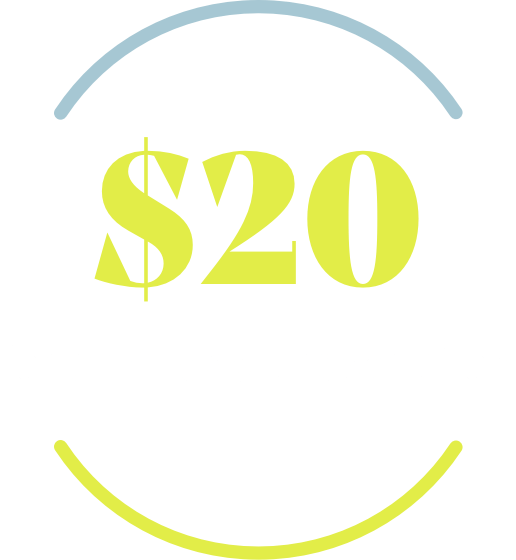 An illustrated pair of open arches frame the text “$20 for a 30-day prescription”