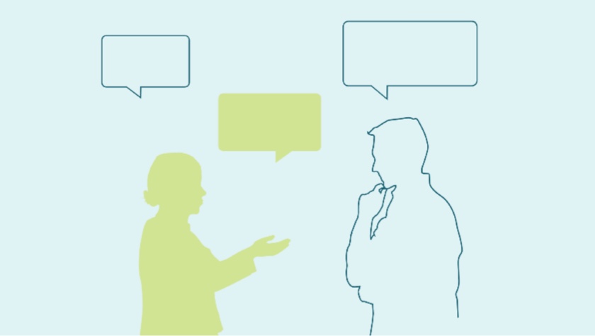 Illustration of a woman talking to a man with word bubbles above their heads