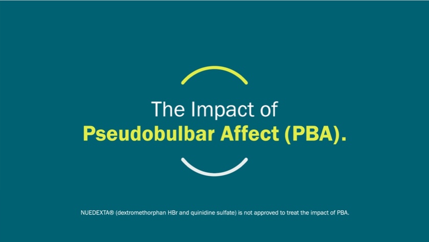 Video still: The Impact of Pseudobulbar Affect (PBA) video appears in text. The triangular video player button sits on top of the video