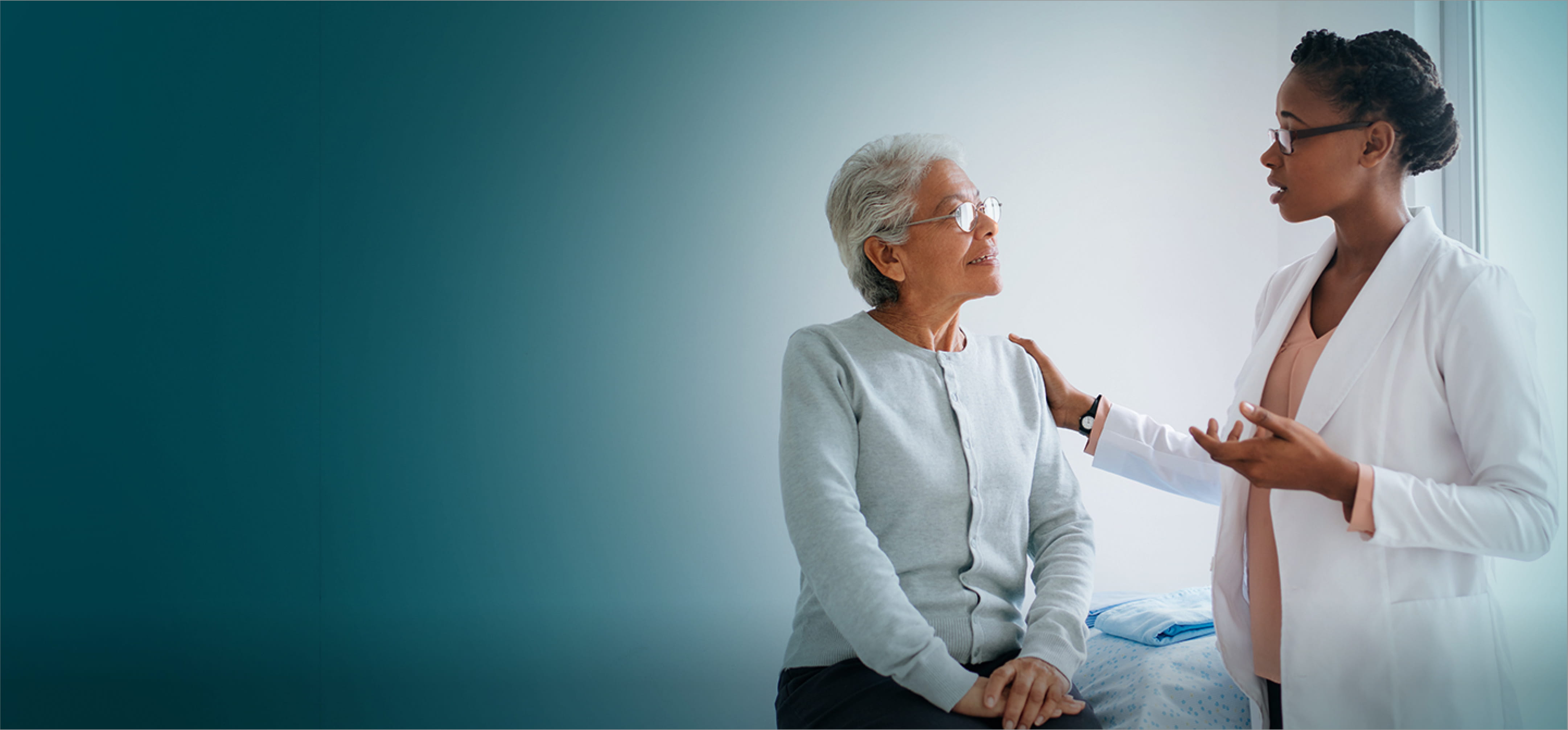 Actor portrayals of an older woman speaking with her doctor