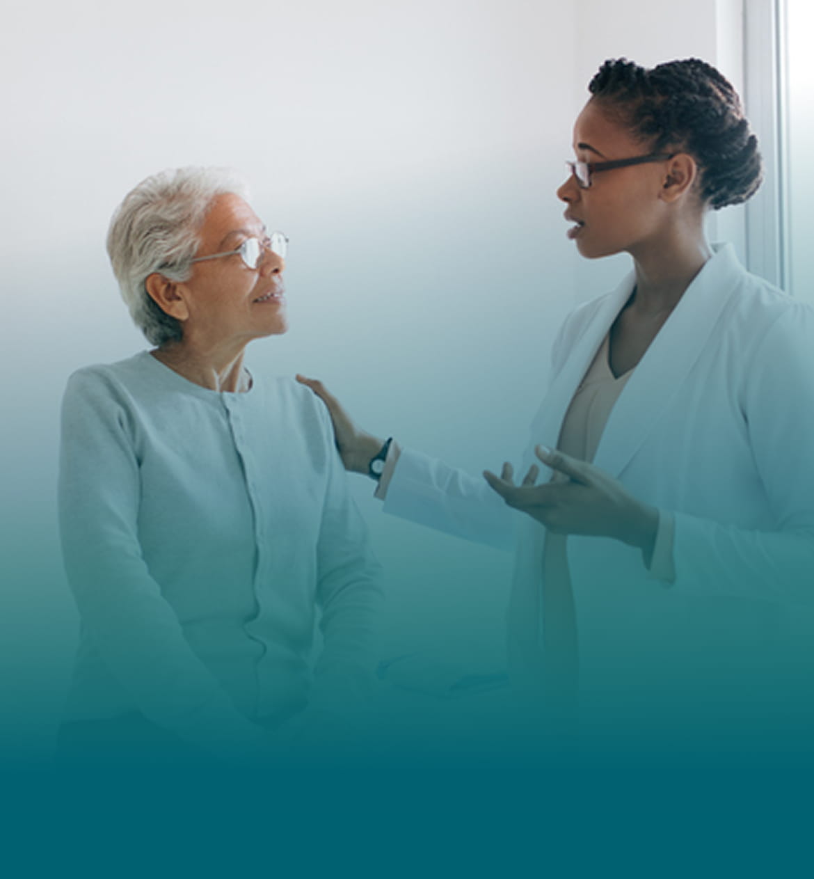Actor portrayals of an older woman speaking with her doctor