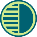 Illustrated icon of green circle with the left half filled with green lines and the right half filled in with a green oval
