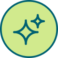 Illustrated icon of a green circle, inside the circle are two four-pointed stars of varying sizes