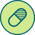 Illustrated icon of a green circle, inside the circle is an illustration of a pill
