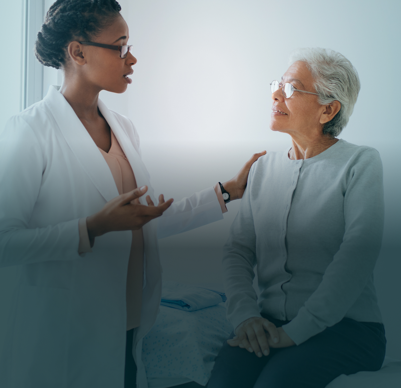 Actor portrayals of an older woman speaking with her doctor