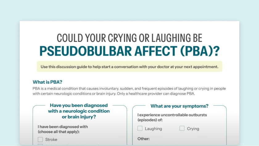Doctor Discussion Guide document with headline: Could Your Crying or Laughing Be Pseudobulbar Affect (PBA)?